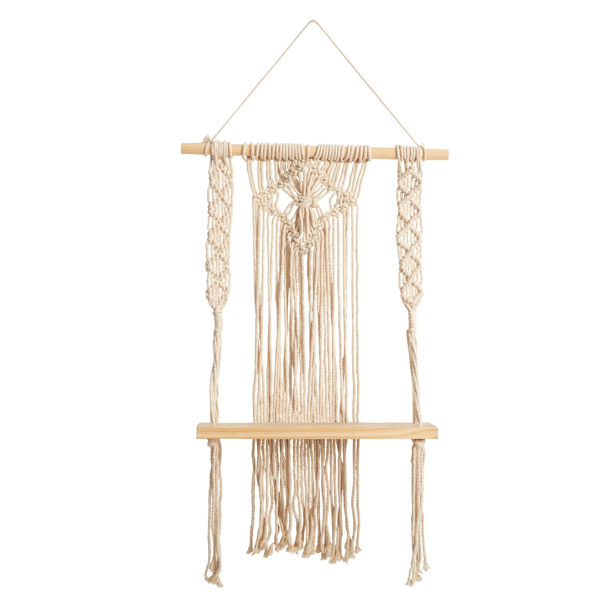 24" Boho Chic Wood Macrame Single Shelf Woven Diamond Wall Art Décor